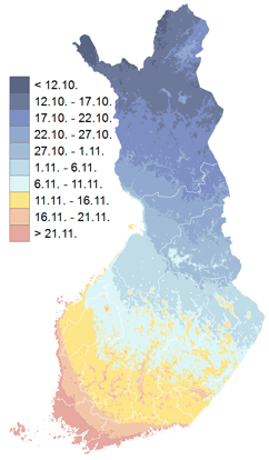 Talven alkamisen keskimääräiset ajankohdat vertailukaudella 1981–2010. Kaavio: http://ilmatieteenlaitos.fi/talvitilastot